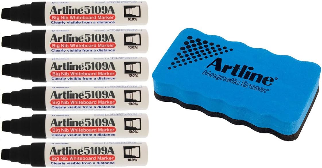 Artline 5109A Big Nib Whiteboard Markers 6 Pack Black Bundle
