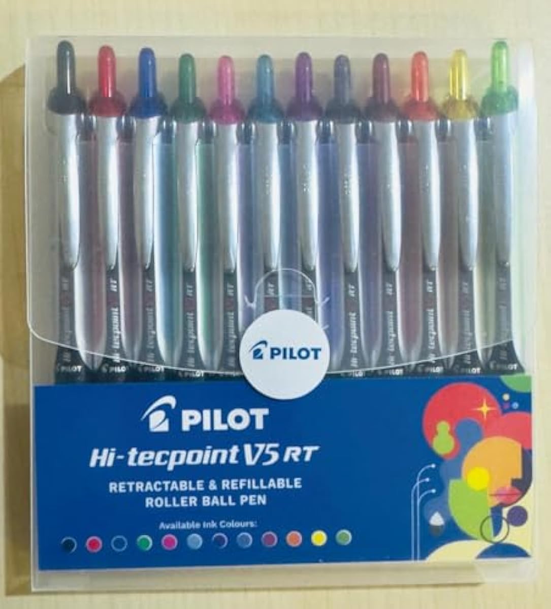 Pilot Hi-techpoint V5 RT Roller Ball Pen Set, 12 Assorted Colours, Retra