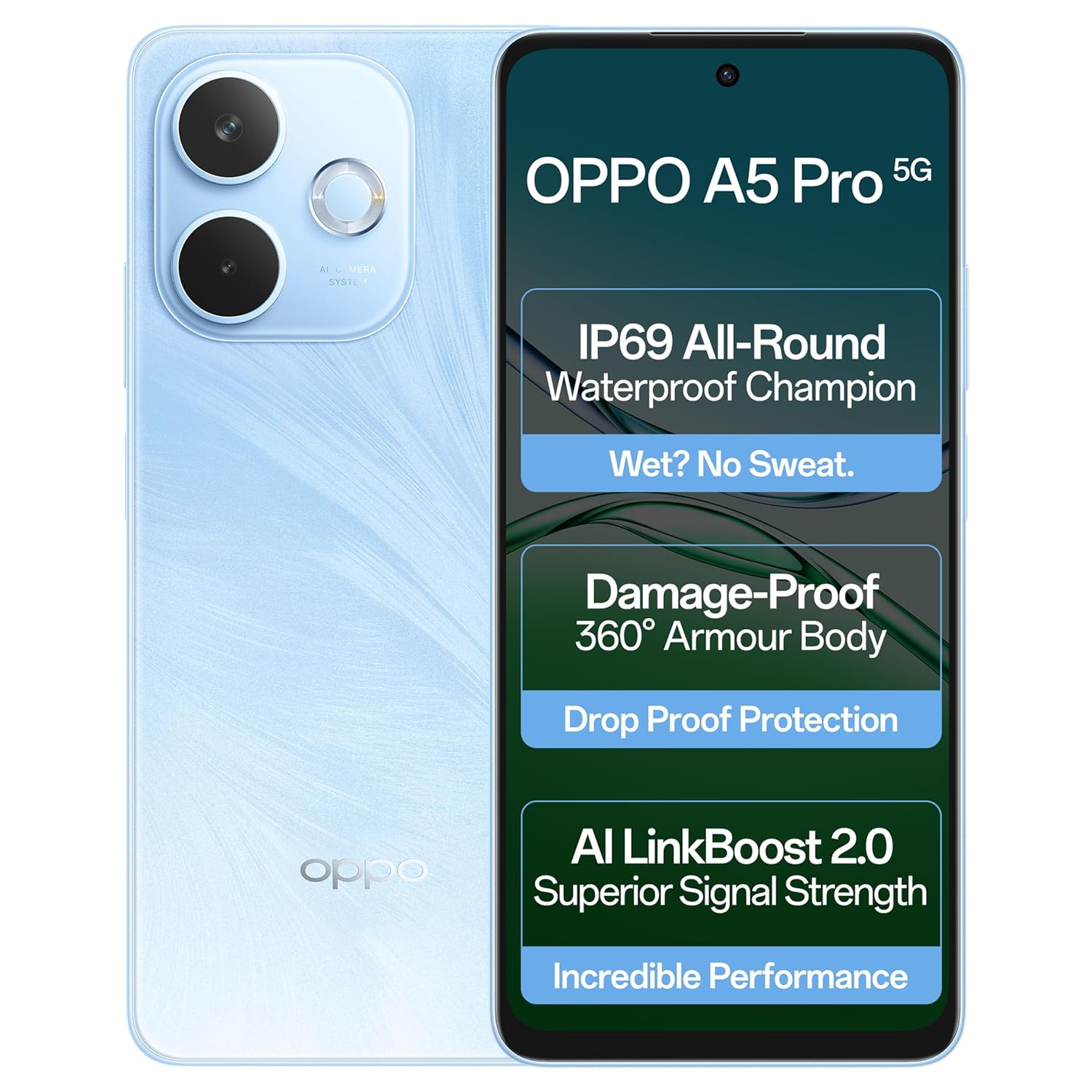 OPPO A5 Pro 5G (Feather Blue, 8GB RAM, 128GB Storage)|6.67” HD+